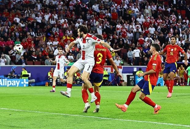 Khvicha Kvaratskhelia of Georgia scores to make it 0-1 Spain v Georgia, UEFA European Championship, EM, Europameisterschaft 2024, Round of 16, Football, Cologne Stadium, Cologne, Germany - 30 Jun 2024 EDITORIAL USE ONLY No use with unauthorised audio, video, data, fixture lists, club league logos or live services. Online in-match use limited to 120 images, no video emulation. No use in betting, games or single club league player publications.  Copyright: xMichaelxZemanek Shutterstockx 14562306v