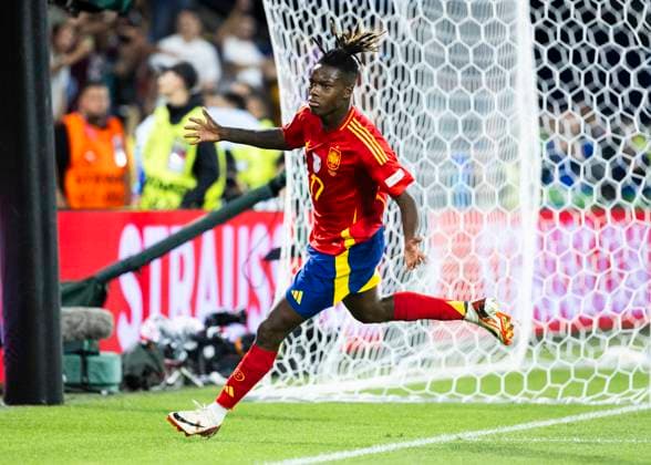 Koeln, RheinEnergieStadion, 30.06.2024: Nico Williams celebrates scoring the 3:1 goal during the match UEFA European Championship, EM, Europameisterschaft 2024 Spain vs. Georgia.