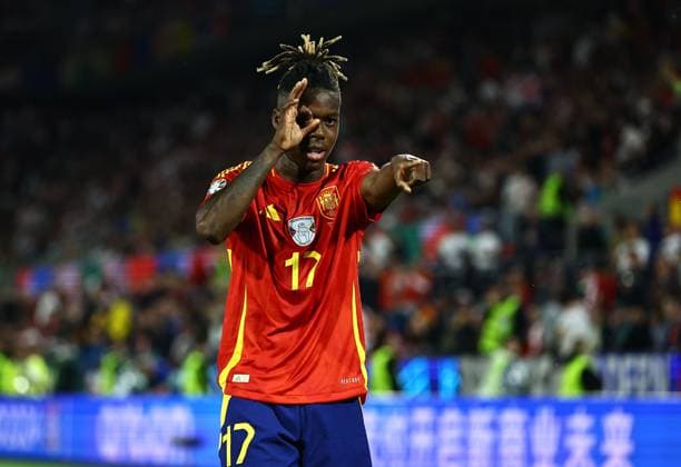 Nico Williams of Spain celebrates scoring his sides third goal Spain v Georgia, UEFA European Championship, EM, Europameisterschaft 2024, Round of 16, Football, Cologne Stadium, Cologne, Germany - 30 Jun 2024 EDITORIAL USE ONLY No use with unauthorised audio, video, data, fixture lists, club league logos or live services. Online in-match use limited to 120 images, no video emulation. No use in betting, games or single club league player publications.  Copyright: xMichaelxZemanek Shutterstockx 14562306cy