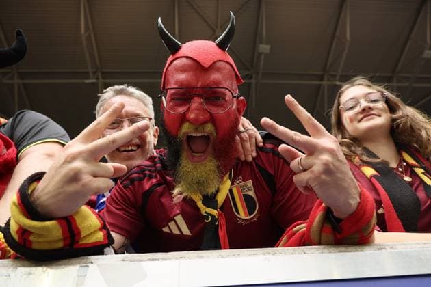 Red devils fan Olivier Didion pictured in the stands ahead of a soccer game between France and Belgian national soccer team Red Devils, Monday 01 July 2024 in Dusseldorf, Germany, the Round of 16 game in the UEFA EURO, EM, Europameisterschaft,Fussball 2024 European championships. BRUNOxFAHY  x95636004x