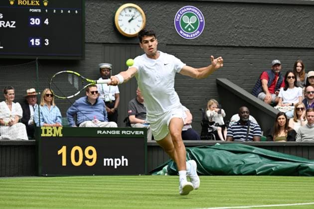 Carlos Alcaraz of Spain plays Mark Lajal of Estonia In the first round of the Wimbledon tennis mens singles championships held at the All England Lawn Tennis & Croquet Club Featuring: Carlos Alcaraz Where: London, United Kingdom When: 01 Jul 2024 Credit: Ray Tang Cover Images **STRICTLY EDITORIAL USE ONLY** EDITORIAL USE ONLY. RESTRICTED TO NEWSPAPERS BASED IN THE UK Copyright: xx coverimg53903472
