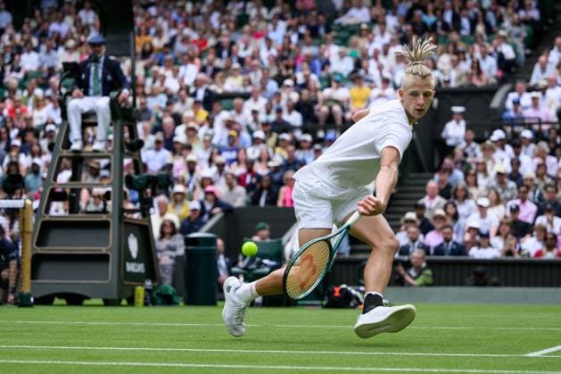 240701 Mark Lajal of Estonia competes in a first round singles tennis match during day 1 of Wimbledon on July 1, 2024 in London. Photo: Jesper Zerman BILDBYRAN kod JZ JZ0547 tennis wimbledon day 1 bbeng Copyright: JESPERxZERMAN BB240701JZ065