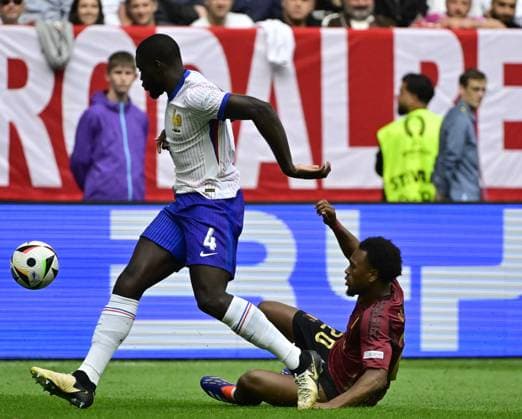 France s Dayot Upamecano and Belgium s Lois Openda pictured in action during a soccer game between France and Belgian national soccer team Red Devils, Monday 01 July 2024 in Dusseldorf, Germany, the Round of 16 game in the UEFA EURO, EM, Europameisterschaft,Fussball 2024 European championships. DIRKxWAEM  x95641482x