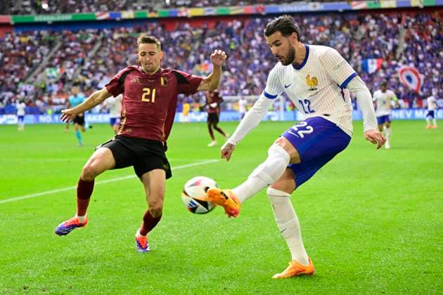 France v Belgium Round of 16 - UEFA EURO, EM, Europameisterschaft,Fussball 2024 DUSSELDORF, GERMANY - JULY 01 : Castagne Timothy defender of Belgium and Theo Hernandez defender of France during the UEFA EURO 2024 European Football Championship tournament round of 16 match between France and Belgium at Dusseldorf Arena on July 1, 2024 in Dusseldorf, Germany, 01 07 2024 Dusseldorf Germany  Copyright: xPeterxDexVoechtx