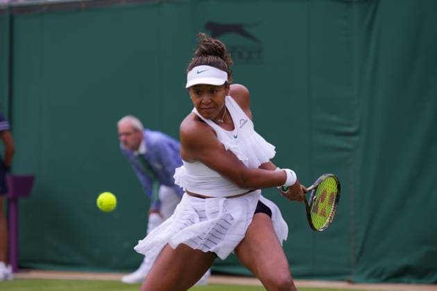 LONDON, ENGLAND - JULY 01: Naomi Osaka of Japan plays a shot against Diane Parry of France in her Ladies Singles first round match during day one of The Championships Wimbledon 2024 at All England Lawn Tennis and Croquet Club on July 01, 2024 in London, England  Copyright: xx