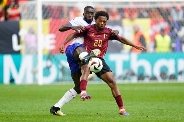 GER: France v Belgium. UEFA EURO, EM, Europameisterschaft,Fussball 2024 Lois Openda of Belgium and Dayot Upamecano of France during the UEFA Euro 2024 match between France and Belgium, Round of 16, played at Dusseldorf Arena on July 1, 2024 in Düsseldorf, Germany. kpng Copyright: xSergioxRuizx xPRESSINPHOTOx PS_240701_FRA_BEL_739