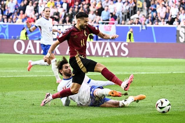 240701 EURO2024 FRANCE VS BELGIUM Yannick Carrasco (11) of Belgium battles for the ball with Theo Hernandez (22) of France during a soccer game between the national teams of France, called les Bleus and Belgium, called the Red Devils in a round of 16 knock out game of the UEFA EURO, EM, Europameisterschaft,Fussball 2024 tournament , on Monday 1 July 2024 in Dusseldorf , Germany . photo isosport Maarten Straetemans Dusseldorf GERMANY  Copyright: xx 471620