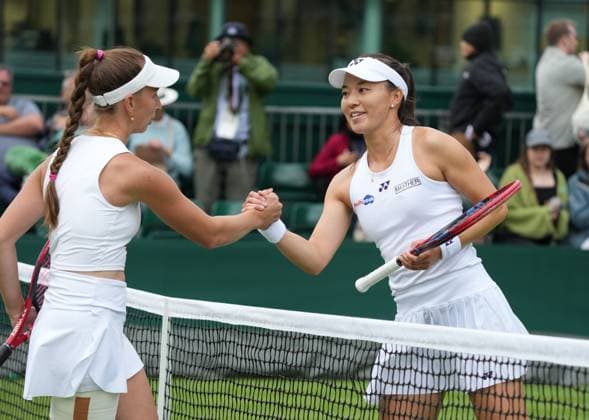 Lawn Tennis - 2024 Wimbledon Championship - Tamara Korpatsch (GER) Yuriko Lily Miyazaki (GBR) - All England Lawn Tennis & Croquet Club - Monday 1st July 2024 Yuriko Lily Miyazaki (GBR) shakes hands after the match 