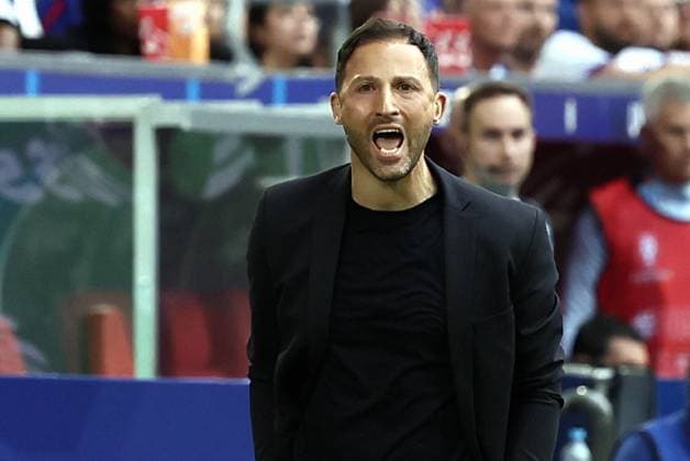 Belgium s head coach Domenico Tedesco reacts during a soccer game between France and Belgian national soccer team Red Devils, Monday 01 July 2024 in Dusseldorf, Germany, the Round of 16 game in the UEFA EURO, EM, Europameisterschaft,Fussball 2024 European championships. BRUNOxFAHY  x95649029x