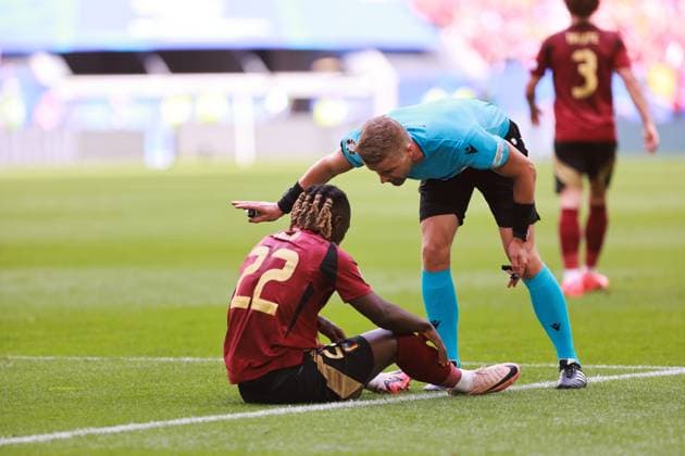 240701 EURO2024 FRANCE VS BELGIUM Jeremy Doku of Belgium (Manchester City) pictured with Referee Glenn Nyberg during a soccer game between the national teams of France, called les Bleus and Belgium, called the Red Devils in a round of 16 knock out game of the UEFA EURO, EM, Europameisterschaft,Fussball 2024 tournament , on Monday 1 July 2024 in Dusseldorf , Germany . photo isosport Frank Abbeloos Dusseldorf GERMANY  Copyright: xx 471764