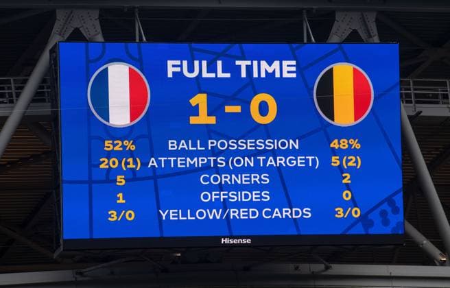 Sport Bilder des Tages Fussball, Herren, Saison 2023 24, Euro 2024 (Achtelfinale) in Düsseldorf, Frankreich - Belgien, Anzeigetafel mit 1:0-Endstand, 01.07. 2024, Copyright: xSebastianxRäppold MatthiasxKochx