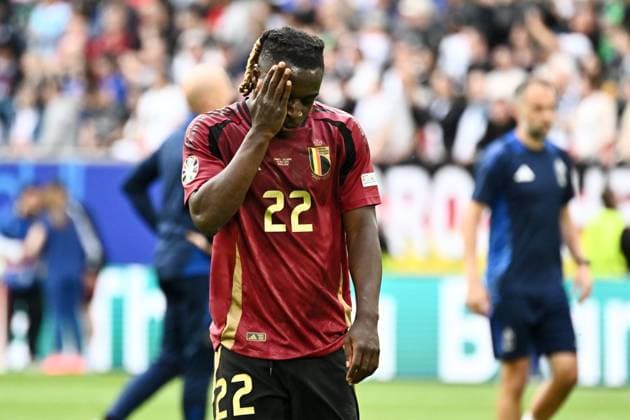 240701 EURO2024 FRANCE VS BELGIUM Jeremy Doku (22) of Belgium looks dejected after a soccer game between the national teams of France, called les Bleus and Belgium, called the Red Devils in a round of 16 knock out game of the UEFA EURO, EM, Europameisterschaft,Fussball 2024 tournament , on Monday 1 July 2024 in Dusseldorf , Germany . photo isosport Maarten Straetemans Dusseldorf GERMANY  Copyright: xx 471780