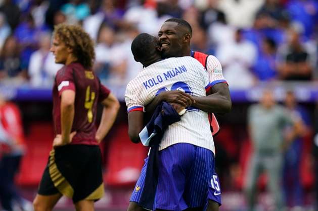 GER: France v Belgium. UEFA EURO, EM, Europameisterschaft,Fussball 2024 Marcus Thuram with Randal Kolo Muani of France celebrating at full time during the UEFA Euro 2024 match between France and Belgium, Round of 16, played at Dusseldorf Arena on July 1, 2024 in Düsseldorf, Germany. kpng Copyright: xSergioxRuizx xPRESSINPHOTOx PS_240701_FRA_BEL_007