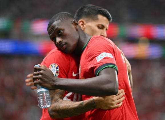 Germany Soccer Euro 2024 Portugal - Slovenia 8720764 01.07.2024 Portugal s Joao Cancelo and Nuno Mendes, right, are seen before the UEFA EURO, EM, Europameisterschaft,Fussball 2024 round of 16 soccer match between Portugal and Slovenia at the Frankfurt Arena in Frankfurt am Main, Germany. Alexey Filippov Sputnik Germany  Copyright: xAlexeyxFilippovx