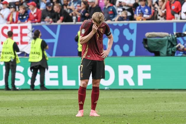 Belgium s Kevin De Bruyne looks dejected after a soccer game between France and Belgian national soccer team Red Devils, Monday 01 July 2024 in Dusseldorf, Germany, the Round of 16 game in the UEFA EURO, EM, Europameisterschaft,Fussball 2024 European championships. BRUNOxFAHY  x95660056x
