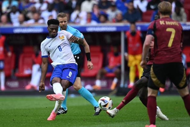 Aurelien Tchouameni (France) Amadou Onana (Belgium) during the UEFA EURO, EM, Europameisterschaft,Fussball Germany 2024 match between France 1-0 Belgium at Dusseldorf Arena on July 01, 2024 in Dusseldorf , Germany. Noxthirdxpartyxsales  (258328531)