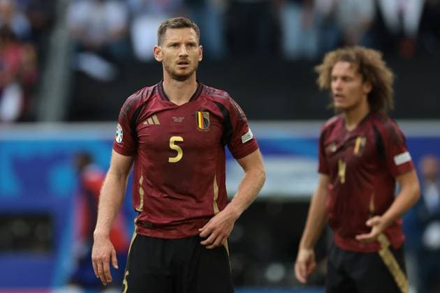 Dusseldorf, Germany, 1st July 2024. Jan Vertonghen and Wout Faes of Belgium look on during the UEFA European Championships Round of 16 match at Dusseldorf Arena, Dusseldorf. Picture credit should read: Jonathan Moscrop Sportimage EDITORIAL USE ONLY. No use with unauthorised audio, video, data, fixture lists, club league logos or live services. Online in-match use limited to 120 images, no video emulation. No use in betting, games or single club league player publications. SPI-3210-0053
