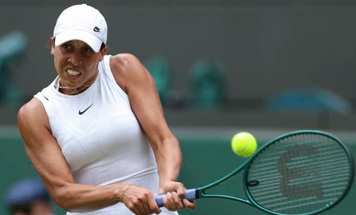 (240702) -- LONDON, July 2, 2024 -- Madison Keys hits a return during the women s singles first round match between Madison Keys of the United States and Martina Trevisan of Italy at Wimbledon tennis Championship in London, Britain, on July 1, 2024. ) (SP)BRITAIN-LONDON-TENNIS-WIMBLEDON HanxYan 