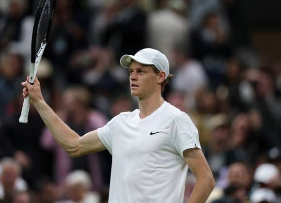 (240702) -- LONDON, July 2, 2024 -- Jannik Sinner celebrates after winning the men s singles first round match between Jannik Sinner of Italy and Yannick Hanfmann of Germany at Wimbledon tennis Championship in London, Britain, on July 1, 2024. ) (SP)BRITAIN-LONDON-TENNIS-WIMBLEDON HanxYan 