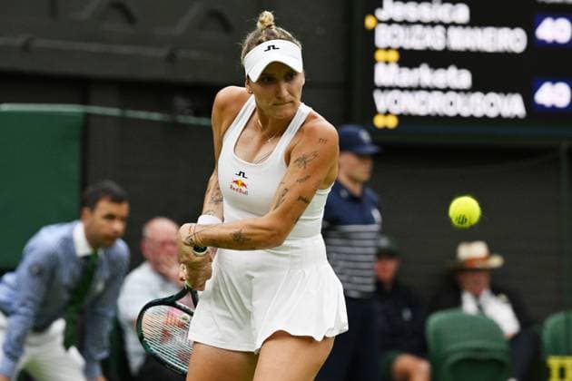 Marketa Vondrousova of the Czech Republic plays Jessica Bouzas Maneiro of Spain in the ladies first round singles event on the second day of the Wimbledon tennis championships held at the All England Lawn Tennis & Croquet Club. Featuring: Jessica Bouzas Maneiro Where: London, London, United Kingdom When: 02 Jul 2024 Credit: Ray Tang Cover Images **STRICTLY EDITORIAL USE ONLY** EDITORIAL USE ONLY. RESTRICTED TO NEWSPAPERS BASED IN THE UK Copyright: xx coverimg53915549