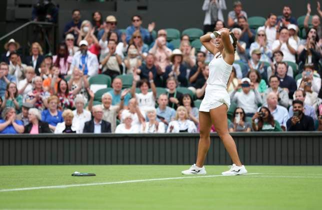 (240702) -- LONDON, July 2, 2024 -- Jessica Bouzas Maneiro celebrates after the women s singles first round match between Marketa Vondrousova of the Czech Republic and Jessica Bouzas Maneiro of Spain at Wimbledon tennis Championship in London, Britain, July 2, 2024. ) (SP)BRITAIN-LONDON-TENNIS-WIMBLEDON-DAY 2 HanxYan 