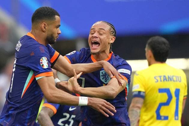 Cody Gakpo of the Netherlands celebrates after scoring 0-1 during the Euro 2024 soccer match between Romania and Netherlands at the Munich Football Arena , Munich , Germany - Tuesday July 2 , 2024. - Soccer .  Copyright: xSpada LaPressex