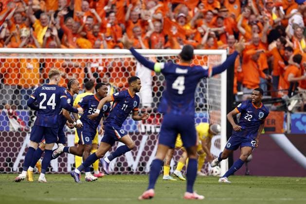 MUNICH - Cody Gakpo of Holland (11) celebrates the 0-1 during the UEFA EURO, EM, Europameisterschaft,Fussball 2024 round of 16 match between Romania and the Netherlands at the Munich Football Arena on July 2, 2024 in Munich, Germany. ANP MAURICE VAN STEEN netherlands out - belgium out Munchen xVIxxIVx 502623889 originalFilename: 0705006514st.jpg