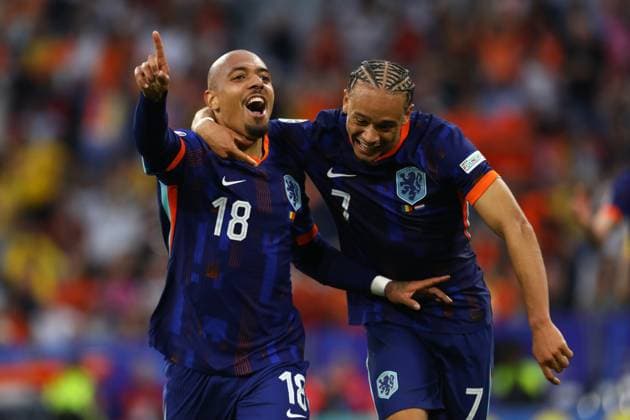July 2, 2024, Munich, Bavaria, Germany: DONYELL MALEN 18 of Team Netherlands celebrates scoring his side s third goal in the UEFA EURO, EM, Europameisterschaft,Fussball 2024 Round of 16 between ROMANIA and NETHERLANDS at Allianz Arena in Munich, Germany Munich Germany - ZUMAc179 20240702_zep_c179_048 Copyright: xMickaelxChavetx