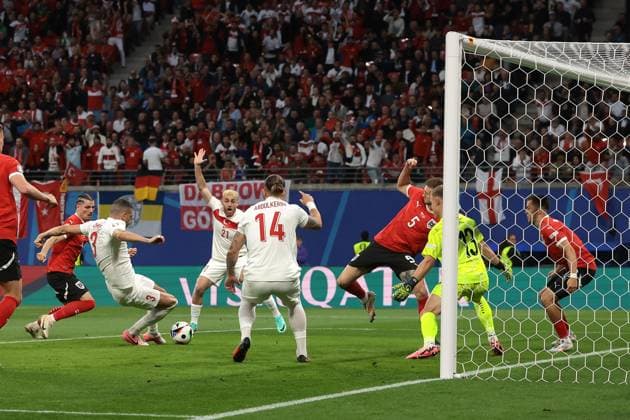 Leipzig, Germany, 2nd July 2024. Merih Demiral of Turkey scores to give the side a 1-0 lead during the UEFA European Championships Round of 16 match at Leipzig Stadium, Leipzig. Picture credit should read: Jonathan Moscrop Sportimage EDITORIAL USE ONLY. No use with unauthorised audio, video, data, fixture lists, club league logos or live services. Online in-match use limited to 120 images, no video emulation. No use in betting, games or single club league player publications. SPI-3211-0001