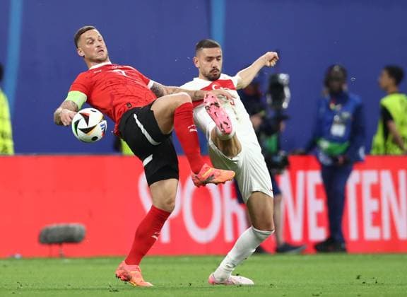 02.07.2024, xtgx, Fussball EM 2024 1 8 Finale, Österreich - Türkei emspor, v.l. Marko Arnautovic (Oesterreich), Merih Demiral (Türkei Tuerkei) (UEFA REGULATIONS PROHIBIT ANY USE OF PHOTOGRAPHS as IMAGE SEQUENCES and or QUASI-VIDEO) Leipzig