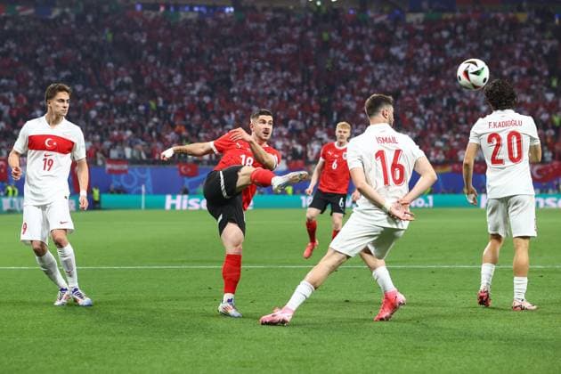 Austria v Turkey 2 July 2024, Leipzig - UEFA EUROs - Round of 16 - Austria v Turkey - Romano Schmid of Austria volleys the ball - Photo: Charlotte Wilson Offside. Leipzig Germany Copyright: xCharlottexWilsonx xOffsidexOffside