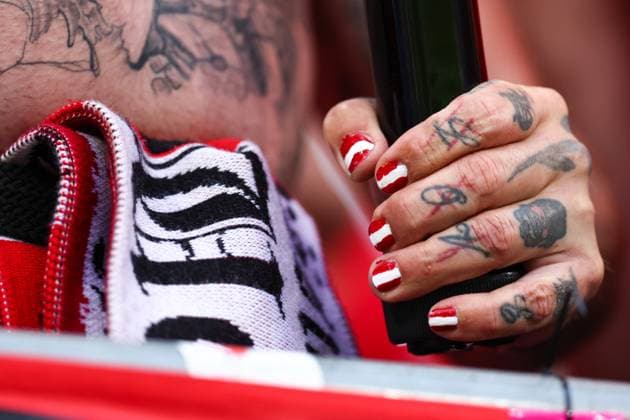 Austria v Turkey 2 July 2024, Leipzig - UEFA EUROs - Round of 16 - Austria v Turkey - A fan with Austria flags on their nails - Photo: Charlotte Wilson Offside. Leipzig Germany Copyright: xCharlottexWilsonx xOffsidexOffside