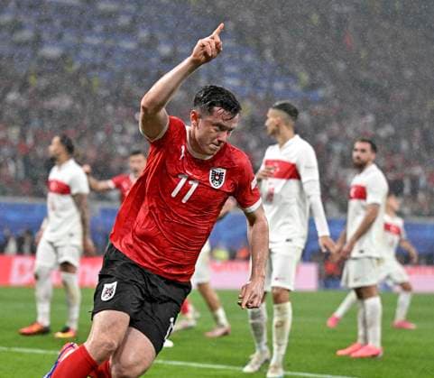 02.07.2024, Fussball UEFA EURO, EM, Europameisterschaft,Fussball 2024, Achtelfinale, Österreich - Türkei, in der RB Arena Leipzig, Michael Gregoritsch (Österreich) jubelt