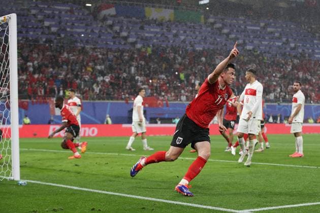 02.07.2024, xtgx, Fussball EM 2024 1 8 Finale, Österreich - Türkei emspor, v.l. Michael Gregoritsch (Oesterreich) Goal scored, erziehlt das Tor zum 2:1 celebrate the goal, Der Torjubel zum (UEFA REGULATIONS PROHIBIT ANY USE OF PHOTOGRAPHS as IMAGE SEQUENCES and or QUASI-VIDEO) Leipzig