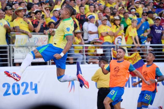 RECORD DATE NOT STATED Copa America USA 2024 Brazil vs Colombia Raphinha celebrates his goal 1-0 of Brazil during the game between Brazil and Colombia as part of the CONMEBOL Copa America USA 2024 group D, at Levis Stadium, on July 02, 2024 in Santa Clara, California, United States. SANTA CLARA CALIFORNIA UNITED STATES  Copyright: xJorgexMartinezx 20240702201648_CA_GD_2024_BRA_COL_RAPHINHA46