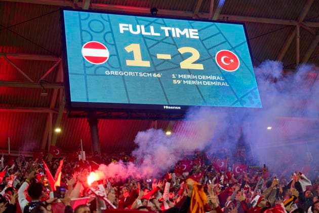 Team TUR fans celebrate at final whistle in the best of 16 match AUSTRIA - TÜRKIJE 1-2 of the UEFA European Championships 2024 on Jul 02, 2024 in Leipzig, Germany.