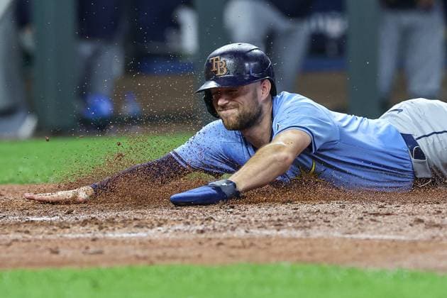 MLB, Baseball Herren, USA 2024: Rays vs Royals JUL 02 July 2, 2024: Tampa Bay Rays designated hitter Brandon Lowe (8) slides into home plate to score a run in the seventh inning against the Kansas City Royals at Kauffman Stadium in Kansas City, MO. David Smith CSM (Credit Image: Â David Smith Cal Media) Kansas City Mo United States of America EDITORIAL USE ONLY Copyright: xx ZUMA-20240702_zma_c04_033.jpg DavidxSmithx csmphotothree268142