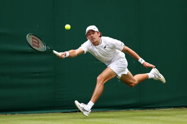 2nd July 2024; All England Lawn Tennis and Croquet Club, London, England; Wimbledon Tennis Tournament, Day 2; Alex de Minaur (AUS) in action during his first round match against James Duckworth (AUS)  ActionPlus12663065 ShaunxBrooks