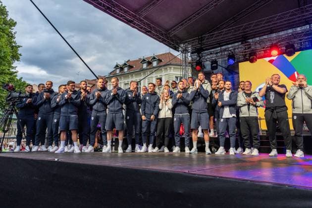 July 2, 2024, Ljubljana, Slovenia: Slovenian football team on stage at the reception of the Slovenian football team. Ljubljana Slovenia - ZUMAs197 0705305193st Copyright: xAndrejxTarfilax