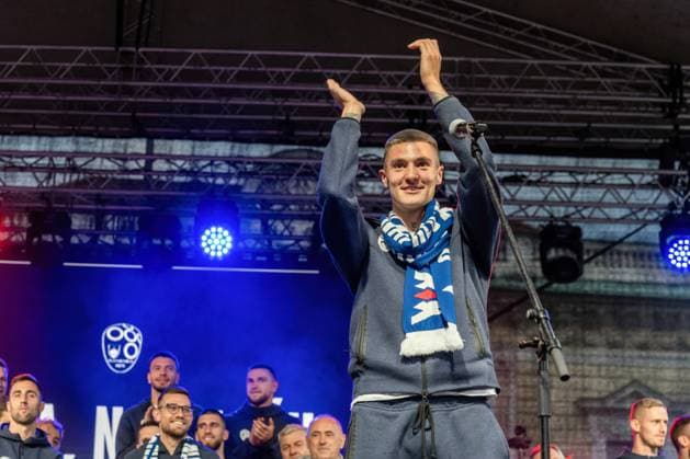 July 2, 2024, Ljubljana, Slovenia: Benjamin Sesko and Slovenian football team on stage at the reception of the Slovenian football team. Ljubljana Slovenia - ZUMAs197 0705307381st Copyright: xAndrejxTarfilax