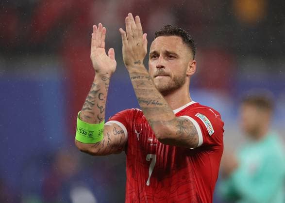 Leipzig, Germany, 2nd July 2024. Marko Arnautovic of Austria applauds the fans after the UEFA European Championships Round of 16 match at Leipzig Stadium, Leipzig. Picture credit should read: Paul Terry Sportimage EDITORIAL USE ONLY. No use with unauthorised audio, video, data, fixture lists, club league logos or live services. Online in-match use limited to 120 images, no video emulation. No use in betting, games or single club league player publications. SPI-3215-0163