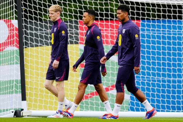 Anthony Gordon of England, Trent Alexander-Arnold of England and Jude Bellingham of England England Training & press conference, PK, Pressekonferenz UEFA European Championship, EM, Europameisterschaft 2024, Quarter Final, Football, Spa & Golf Resort Weimarer Land, Blankenhain, Germany, 03 Jul 2024 EDITORIAL USE ONLY No use with unauthorised audio, video, data, fixture lists, club league logos or live services. Online in-match use limited to 120 images, no video emulation. No use in betting, games or single club league player publications.  Copyright: xDavexShopland Shutterstockx 14568226n