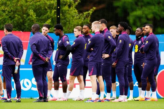 Marc Guehi of England, Adam Wharton of England, Kobbie Mainoo of England and Kyle Walker of England England Training & press conference, PK, Pressekonferenz UEFA European Championship, EM, Europameisterschaft 2024, Quarter Final, Football, Spa & Golf Resort Weimarer Land, Blankenhain, Germany, 03 Jul 2024 EDITORIAL USE ONLY No use with unauthorised audio, video, data, fixture lists, club league logos or live services. Online in-match use limited to 120 images, no video emulation. No use in betting, games or single club league player publications.  Copyright: xDavexShopland Shutterstockx 14568226v