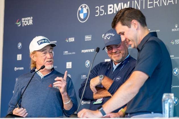 v.l. Miguel Angel Jimmenez, Thomas Bjoern im Interview, BMW International Open 2024, Golf, 03.07.2024 Muenchen Bayern Deutschland