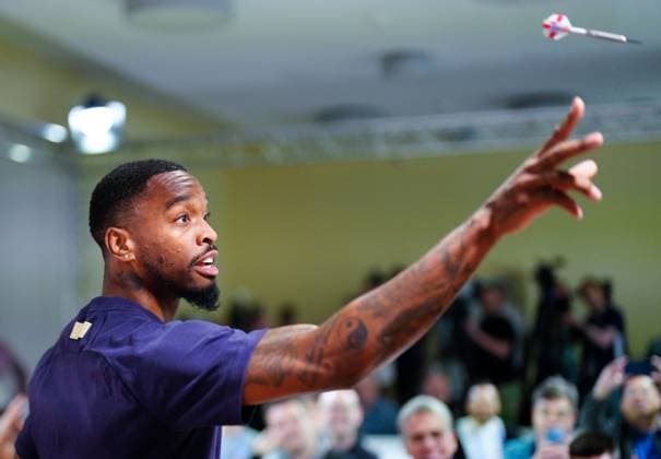 Ivan Toney of England loses at darts to Daily Mirror chief sports writer Andy Dunn England Training & press conference, PK, Pressekonferenz UEFA European Championship, EM, Europameisterschaft 2024, Quarter Final, Football, Spa & Golf Resort Weimarer Land, Blankenhain, Germany, 03 Jul 2024 EDITORIAL USE ONLY No use with unauthorised audio, video, data, fixture lists, club league logos or live services. Online in-match use limited to 120 images, no video emulation. No use in betting, games or single club league player publications. Copyright: xDavexShopland Shutterstockx 14568226bl