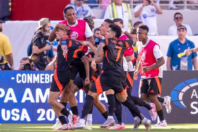 Colombia celebrates after scoring a 1-1 goal during the game between Brazil and Colombia in the group stage of the Copa America CONMEBOL at Estadio Levis in Santa Clara, CA, United States (Richard Callis SPP) Copyright: xRichardxCallis SPPx spp-en-RiCa-RC4_richie_BRAxCOL_020724_-5388