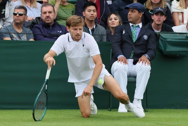 Belgian David Goffin pictured in action during a tennis match against Czech Machac, in the first round of the men s singles competition of the 2024 Wimbledon grand slam tournament at the All England Tennis Club, in south-west London, Britain, Wednesday 03 July 2024. BENOITxDOPPAGNE  x95775402x