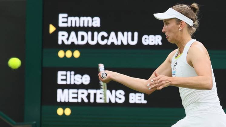 Belgian Mertens pictured in action during a tennis match against British Raducanu, in the second round of the women s singles competition of the 2024 Wimbledon grand slam tournament at the All England Tennis Club, in south-west London, Britain, Wednesday 03 July 2024. BENOITxDOPPAGNE  x95780844x