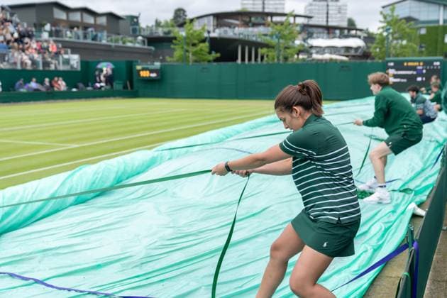 2024-07-03 The Championships Wimbledon 2024 Day 3 LONDON, UNITED KINGDOM - JULY 3: General views as the rain stops play on Day 3 of The Championships Wimbledon 2024 at All England Lawn Tennis and Croquet Club on July 3, 2024 in London, United Kingdom. (Photo by Marleen Fouchier BSR Agency) London United Kingdom Content not available for redistribution in The Netherlands directly or indirectly through any third parties. Copyright: xBSRxAgencyx