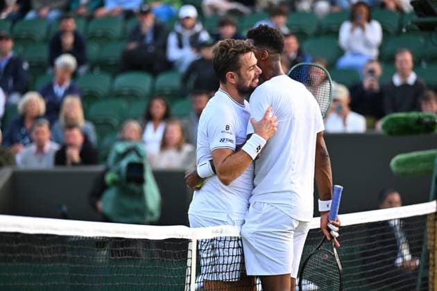 Wimbledon - Second Round Gael Monfils (FRA) with Stan Wawrinka (SUI) during their second round match at the 2024 Wimbledon Championships at the AELTC in London, UK, on July 3, 2024. Photo by Corinne Dubreuil ABACAPRESS.COM London United States  Copyright: xDubreuilxCorinne ABACAx